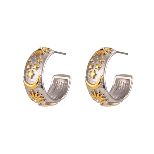 Gold and silver sun and moon hoop earrings – celestial jewelry, tarnish-free stainless steel