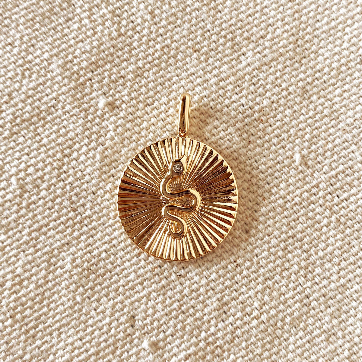 18k Gold Filled Snake Serpent Plate Pendant Featuring Rays Pattern Background
