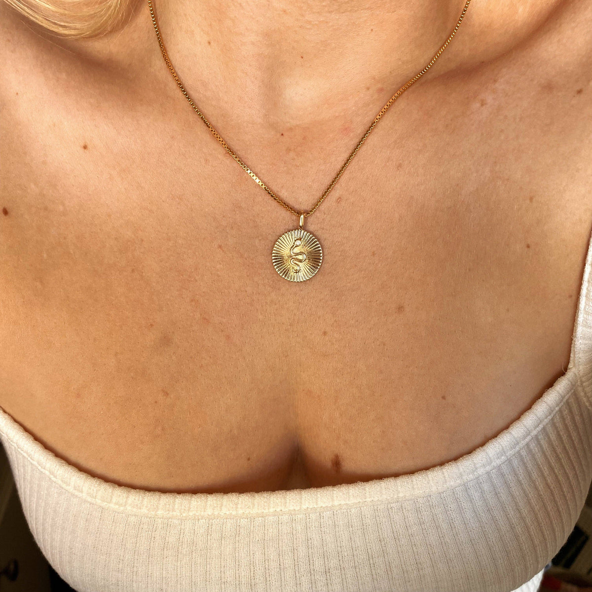 18k Gold Filled Snake Serpent Plate Pendant Featuring Rays Pattern Background