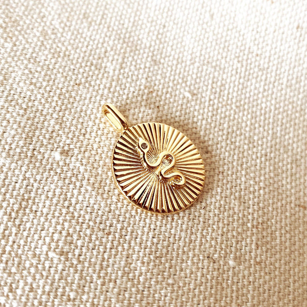 18k Gold Filled Snake Serpent Plate Pendant Featuring Rays Pattern Background
